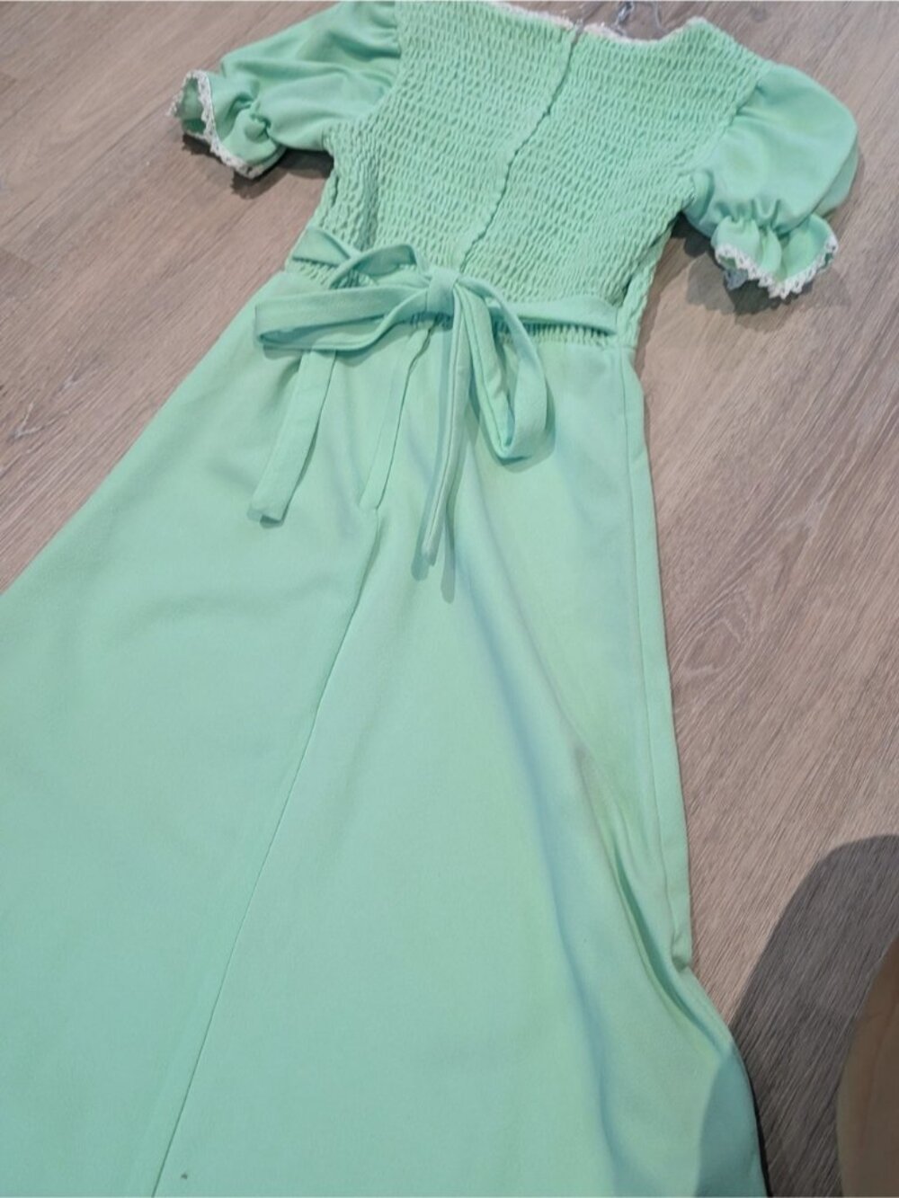 Vintage Mint Green Smocked Maxi Dress with Puff Sleeves - Picture 6 of 10